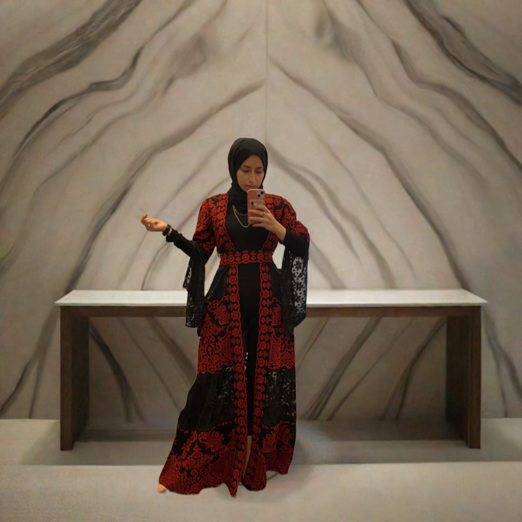 Long Sleeve Embroidered with Red & Black Tatreez Bisht