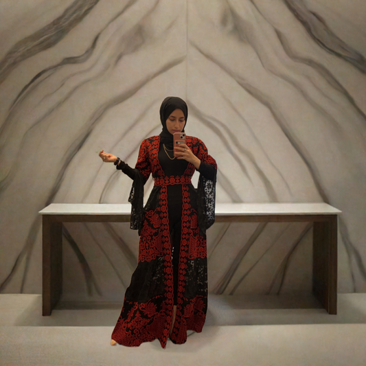 Long Sleeve Embroidered with Red & Black Tatreez Bisht