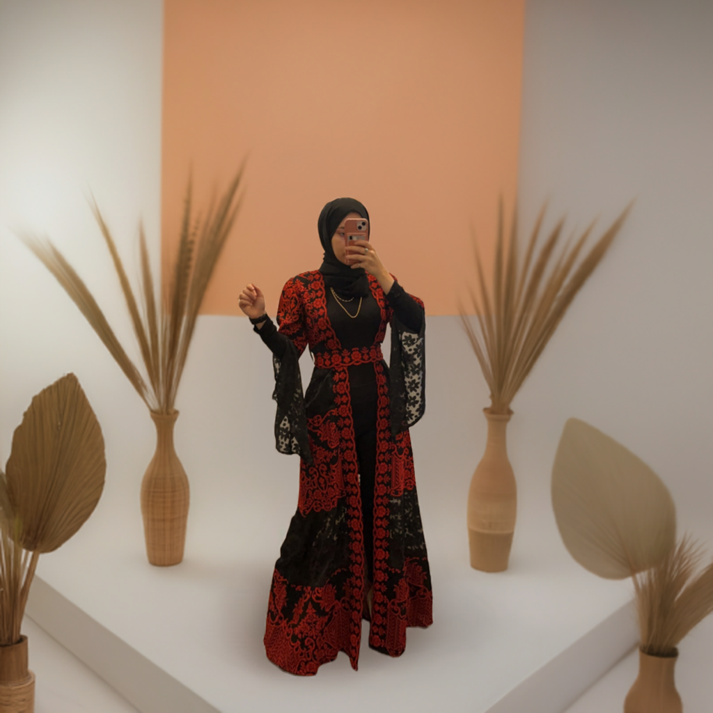 Long Sleeve Embroidered with Red & Black Tatreez Bisht