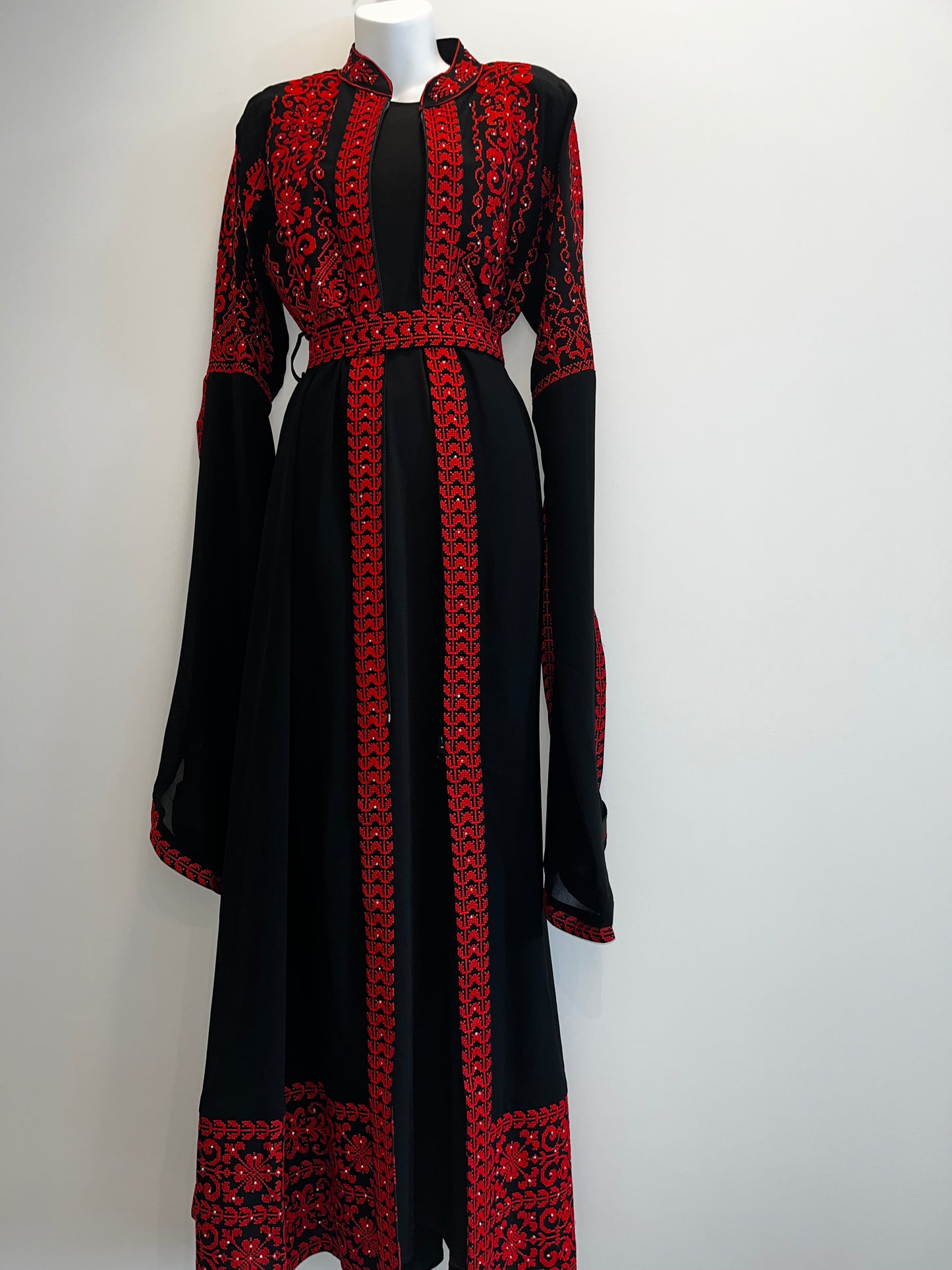 Red & Black Extra Long Sleeves Full Top Embroidery & Zipper Thobe (3 pieces) - Al Gaza Thobe