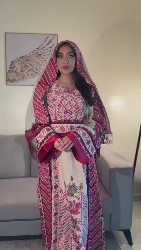 Flora Thobe Floral Traditional Full Tatreez back and front Thobe With Matching head Veil