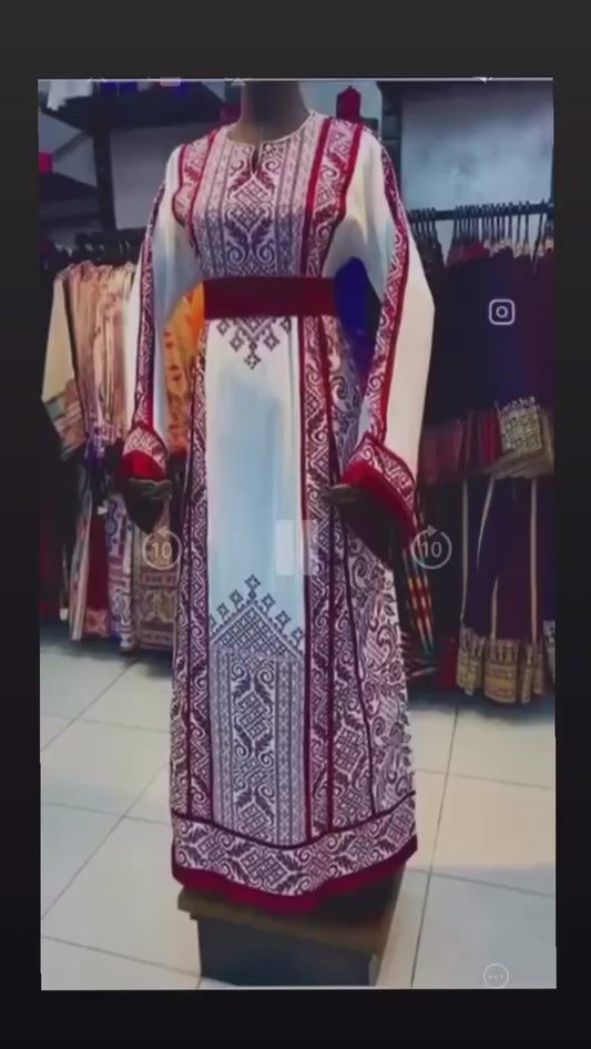 Jenin Thobe - White and Red traditional Bridal Thobe  (Embroidered Tatreez Palestinian Jordanian Thobe)