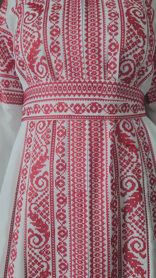 Bridal White & Red Extra Long Sleeve Full Embroidered Palestinian Thobe (3 pieces) - Al Tulkarem Thobe
