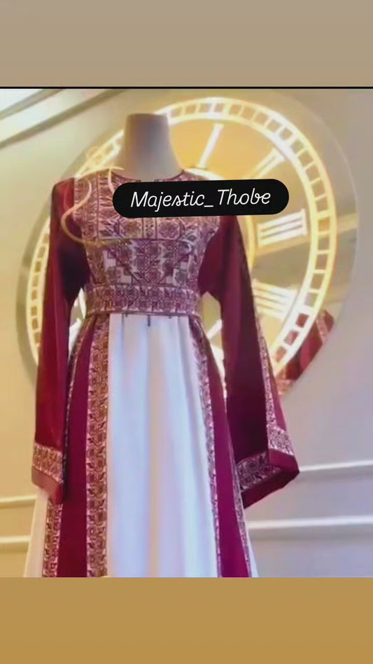 Burgundy With Flowers & Sparkle Traditional Long Sleeve Full Embroidered Palestinian Thobe/Dress