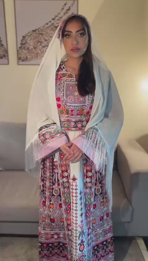Maleka Thobe Floral Traditional Full Tatreez Back and Front Thobe With Matching head Veil