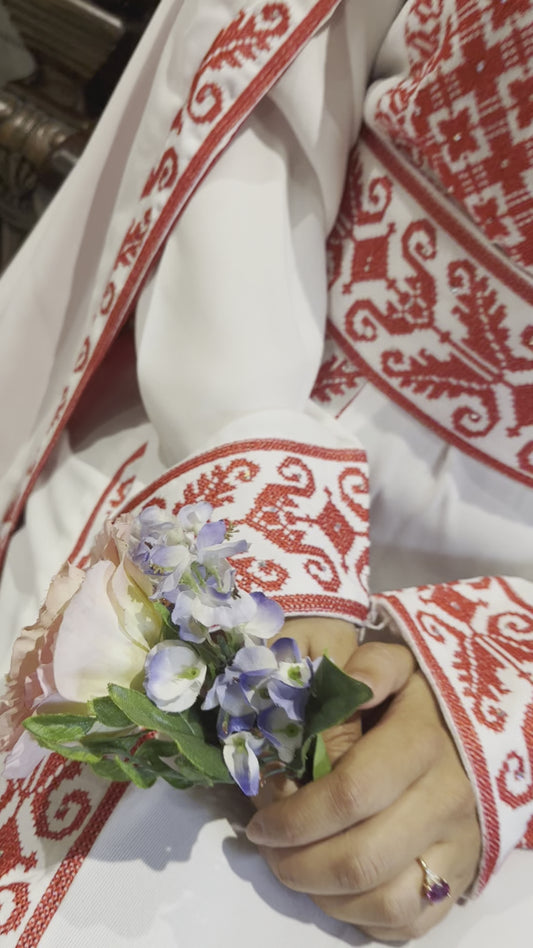 Bridal White & Red Full Embroidered Thobe - Cape Sleeve