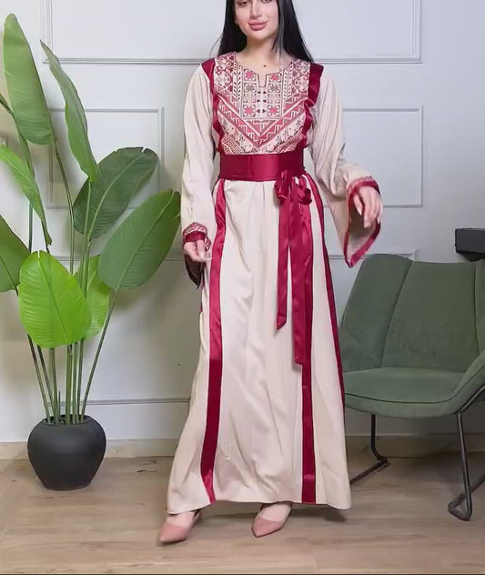Dalal Thobe Traditional Long Sleeve Embroidered With Satin Palestinian Thobe/Dress