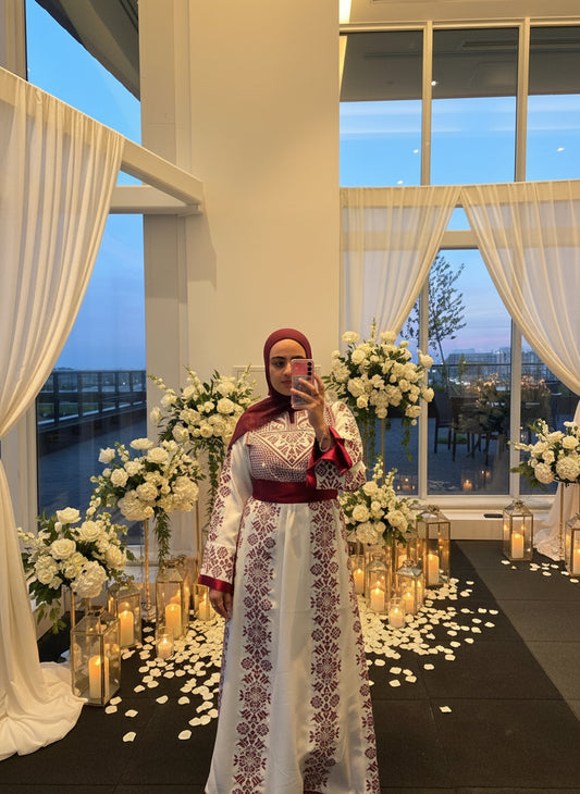 Leyla Thobe Bridal White and Red Traditional Full tatreez Back and Front Thobe With Matching head Veil
