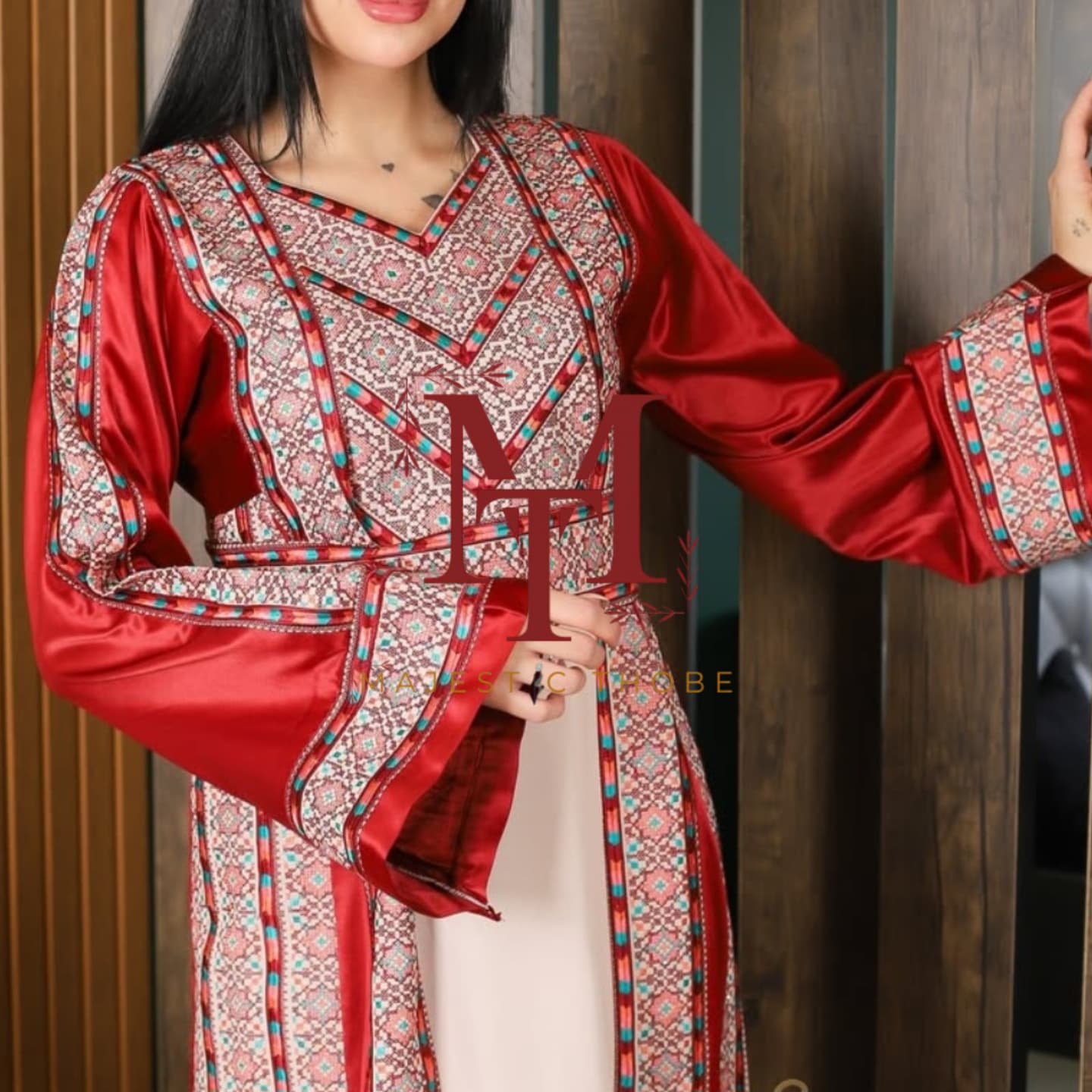 Nabuls Thobe - Burgundy and Beige Traditional Full tatreez back and front Thobe (No veil)
