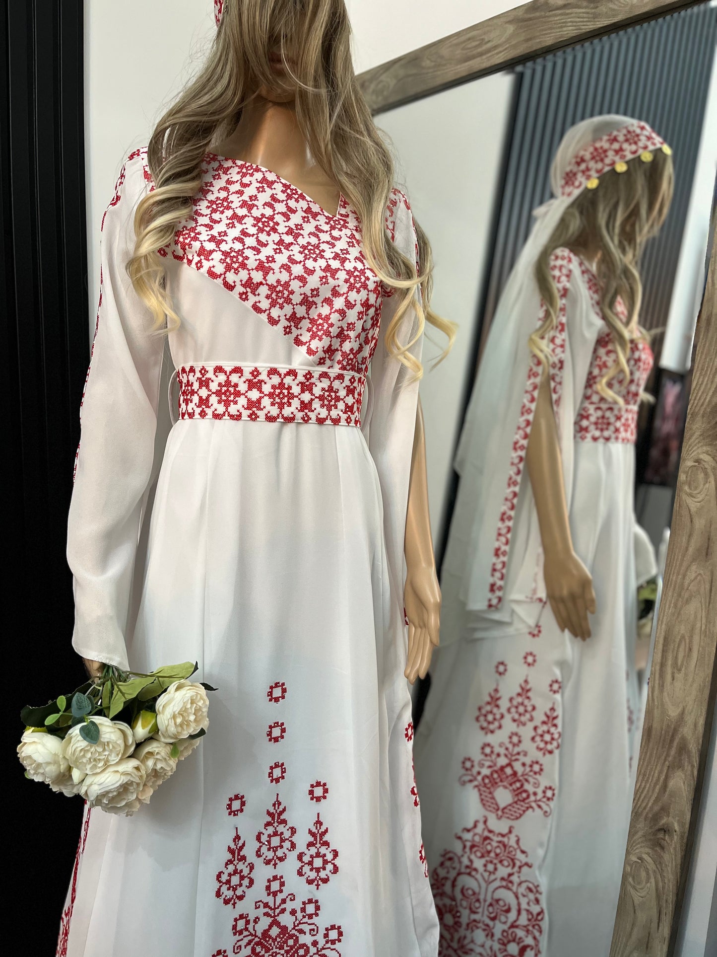 Bridal Embroidered head band with coins Veil (Red & Blue)