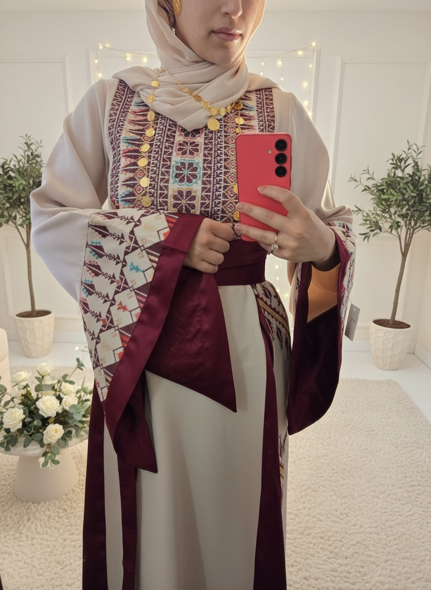 Asia Thobe Burgendy & Beige Modern Full tatreez & Satin back and front Thobe With Matching head Veil