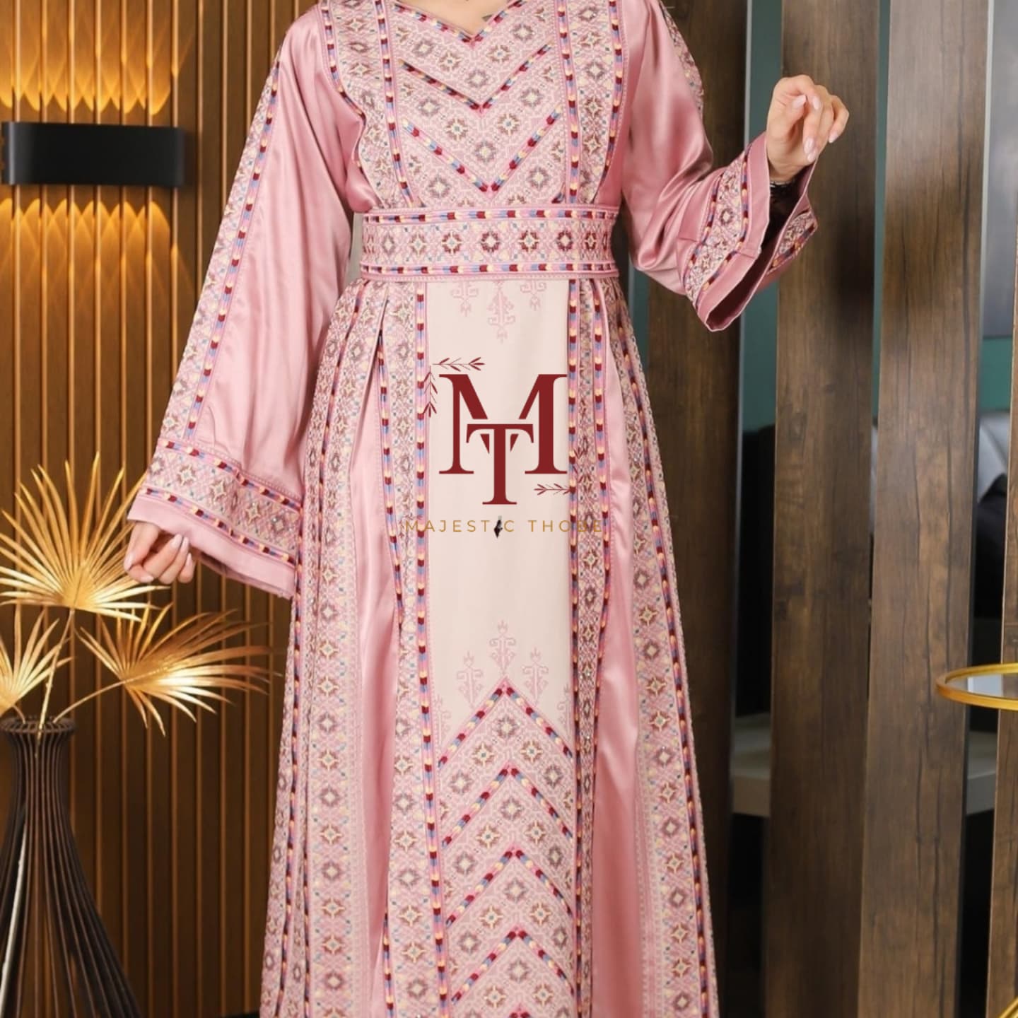Nabuls Thobe - Pink and Beige Traditional Full tatreez back and front Thobe
