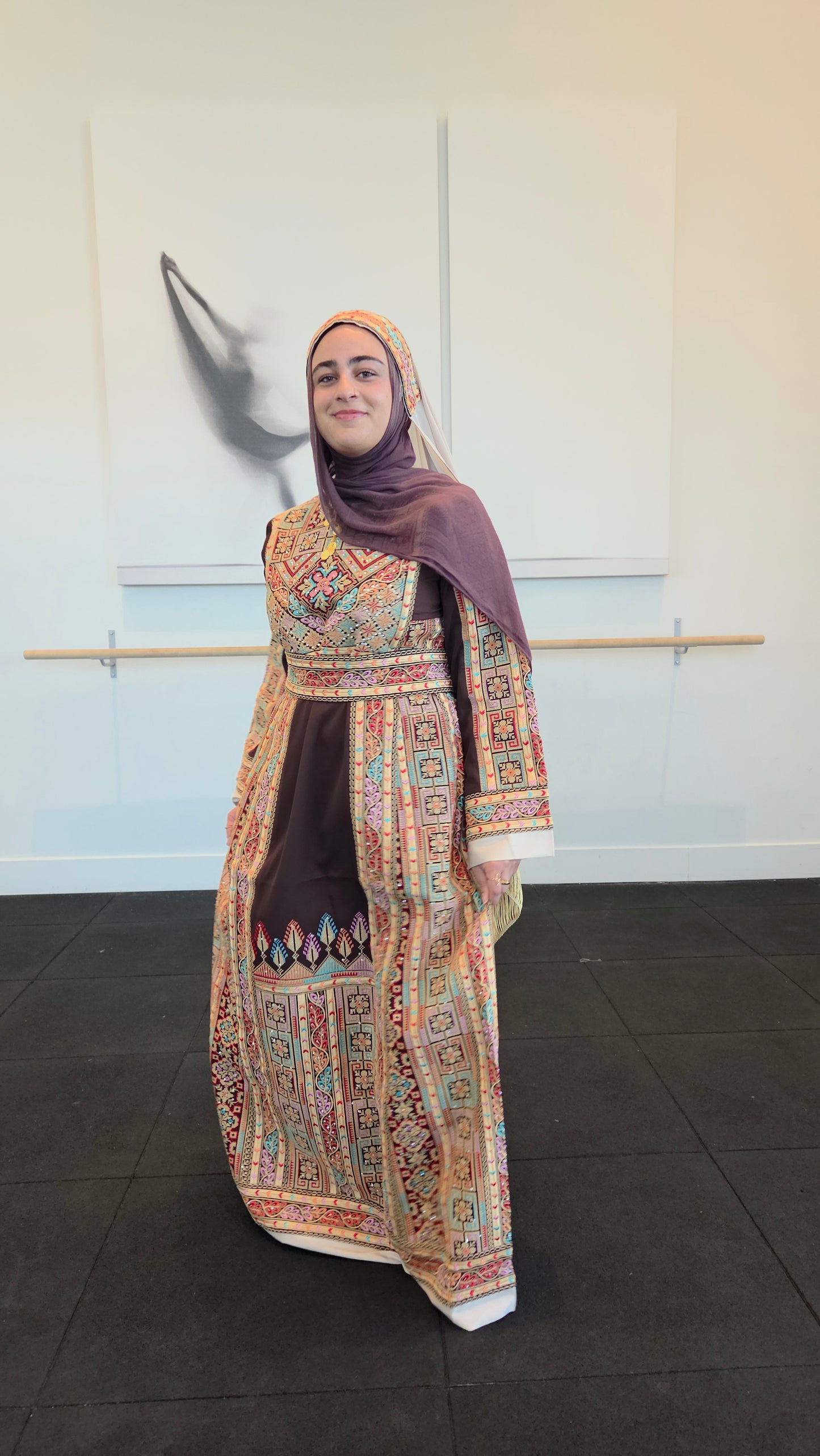 Shaima Thobe Brown Traditional Full Tatreez Back and Front Thobe With Matching head Veil
