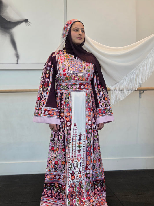 Maleka Thobe Floral Traditional Full Tatreez Back and Front Thobe With Matching head Veil