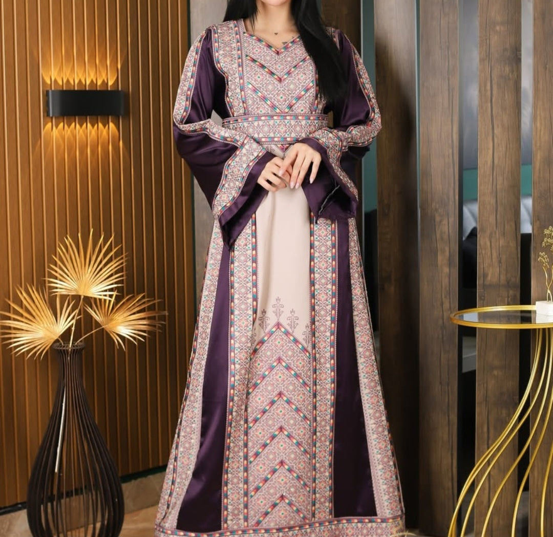 Nabuls Thobe - Purple and Beige Traditional Full tatreez back and front Thobe (No veil)
