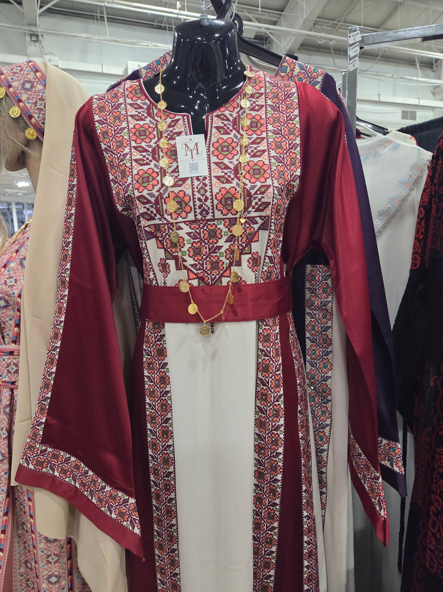 Burgundy With Flowers & Sparkle Traditional Long Sleeve Full Embroidered Palestinian Thobe/Dress