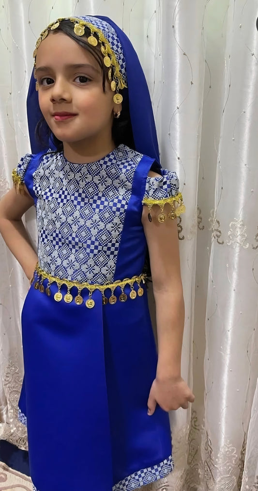 Kids Blue Long Sleeveless Full Embroidered Palestinian Thobe With Head Veil