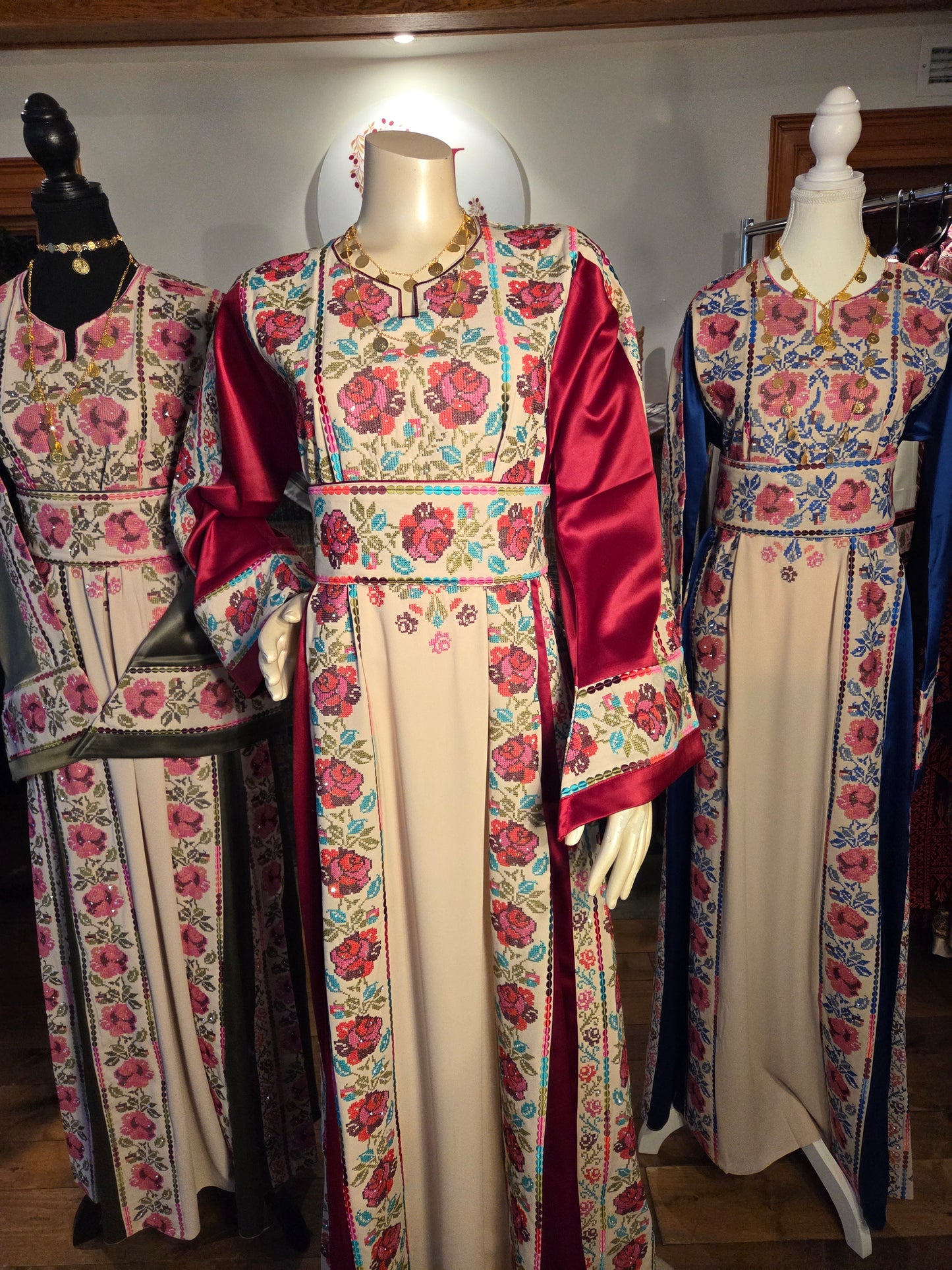 Warda Thobe - Blue & Pink Traditional Full Tatreez Back and Front With Satin Thobe