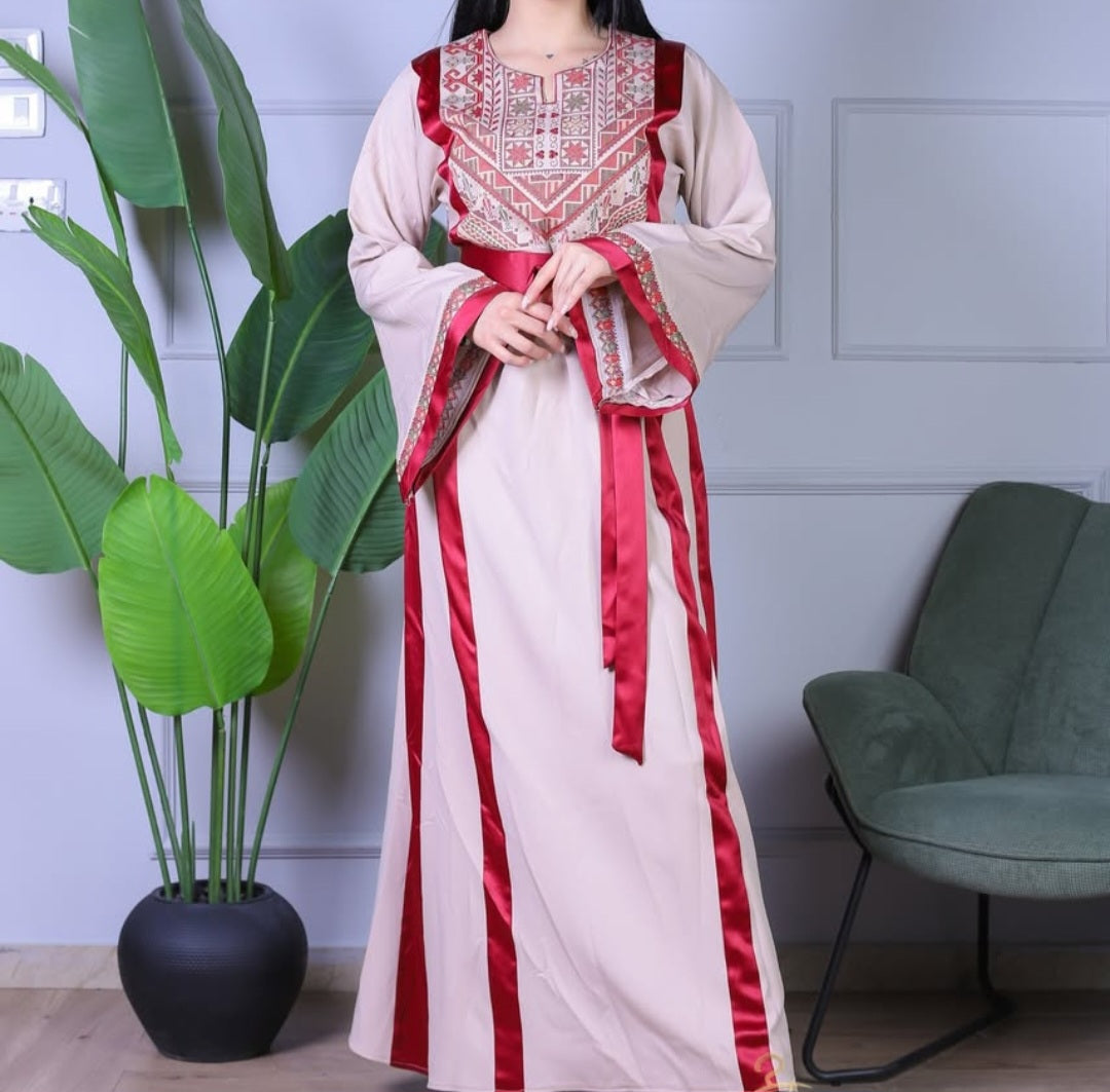 Dalal Thobe Traditional Long Sleeve Embroidered With Satin Palestinian Thobe/Dress