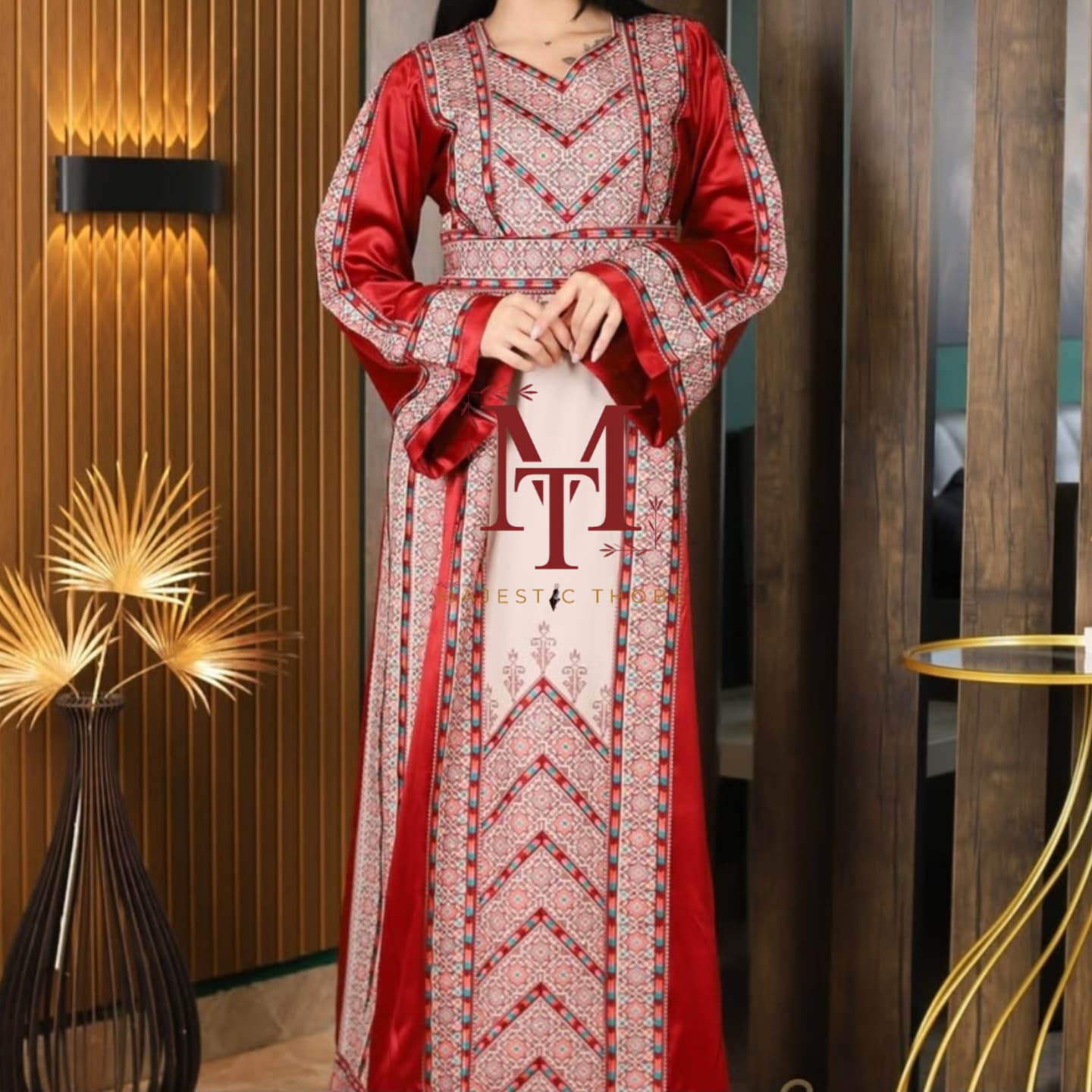 Nabuls Thobe - Burgundy and Beige Traditional Full tatreez back and front Thobe (No veil)