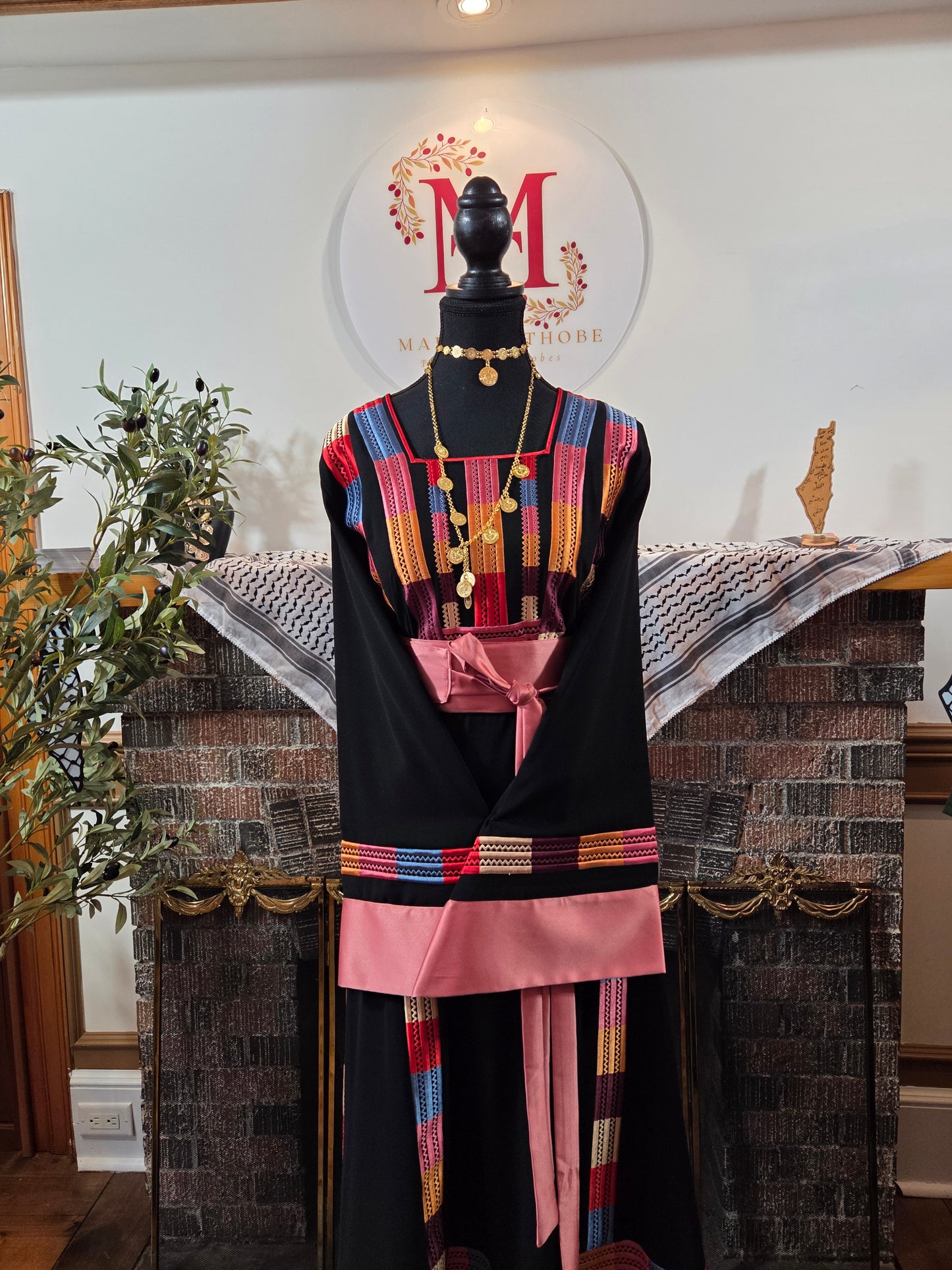 Lara Thobe - Multicolor Satin Pink Sleeve Thobe Tatreez Thobe