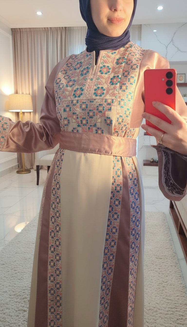 The Poppy Flower Thobe - Light Pink/Beige With Flowers & Sparkle Traditional Long Sleeve Full Embroidered Palestinian Thobe/Dress
