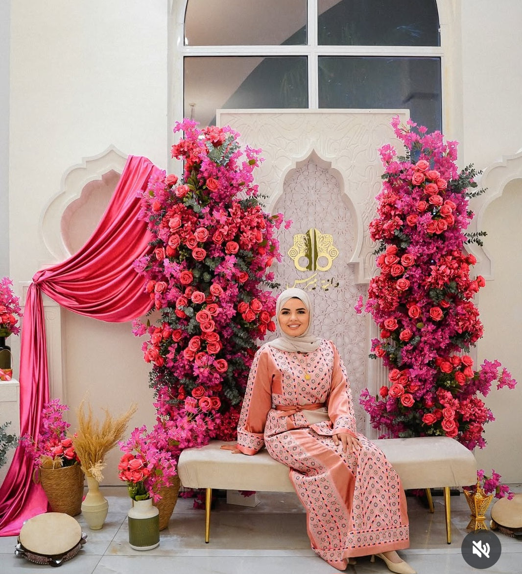 Nabuls Thobe - Pink and Beige Traditional Full tatreez back and front Thobe