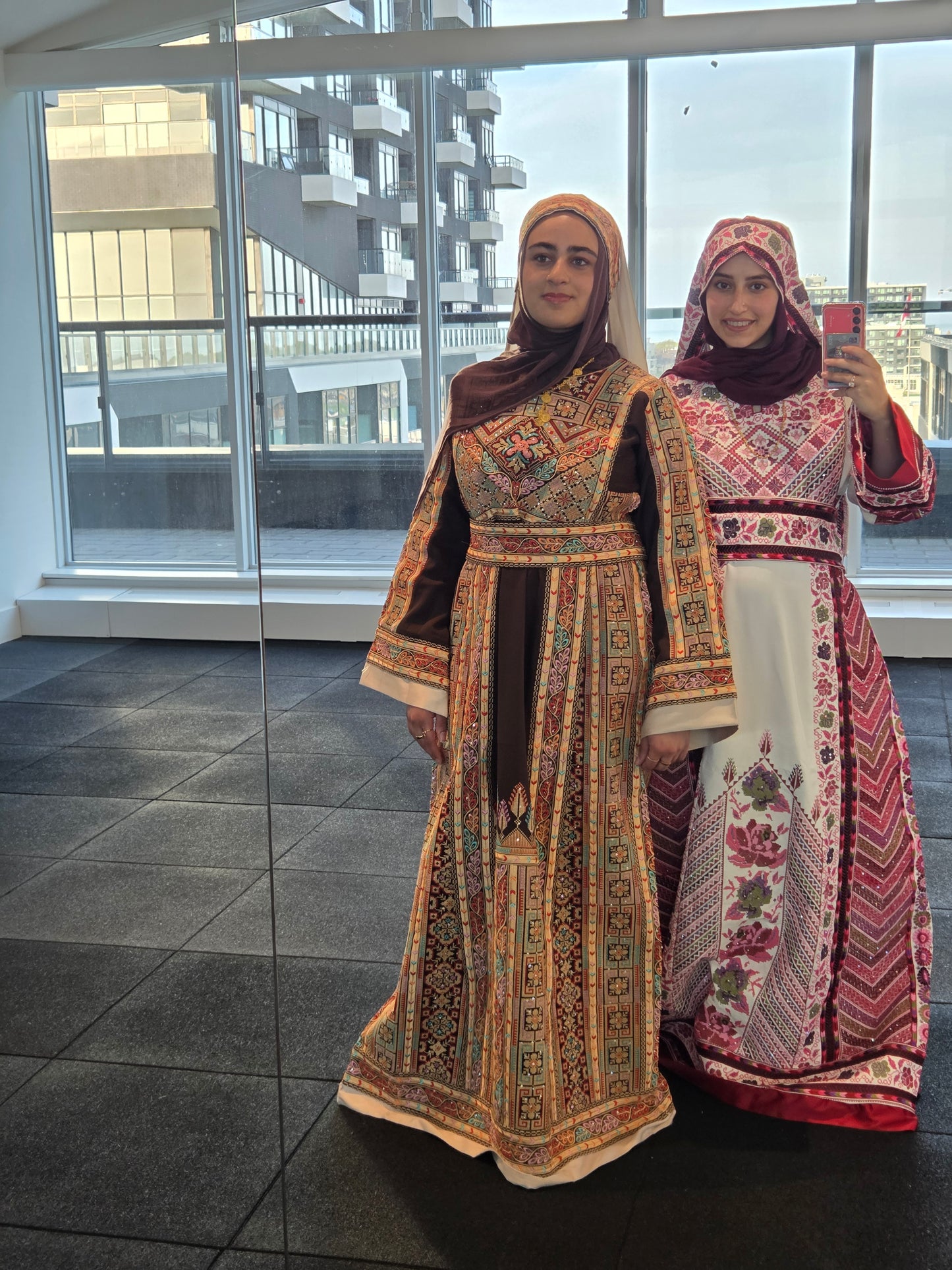 Shaima Thobe Brown Traditional Full Tatreez Back and Front Thobe With Matching head Veil