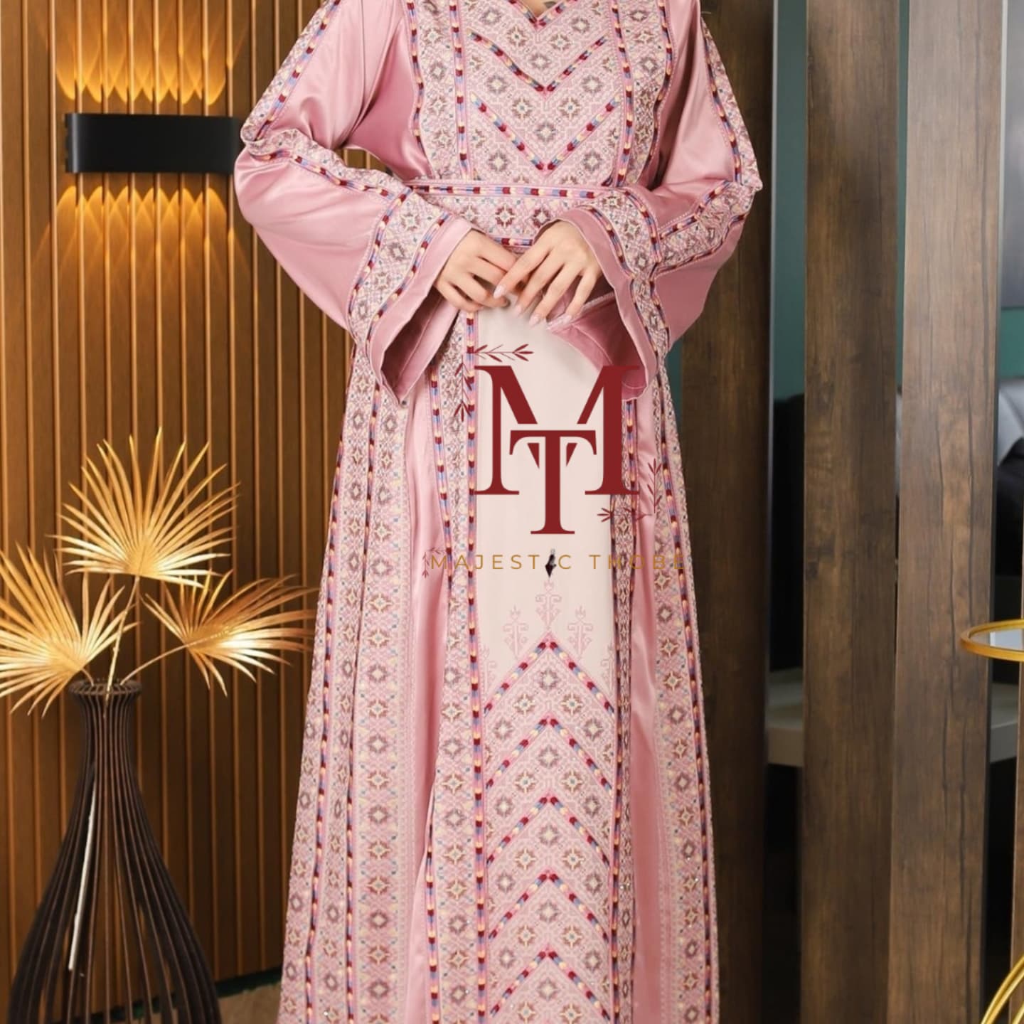 Nabuls Thobe - Pink and Beige Traditional Full tatreez back and front Thobe