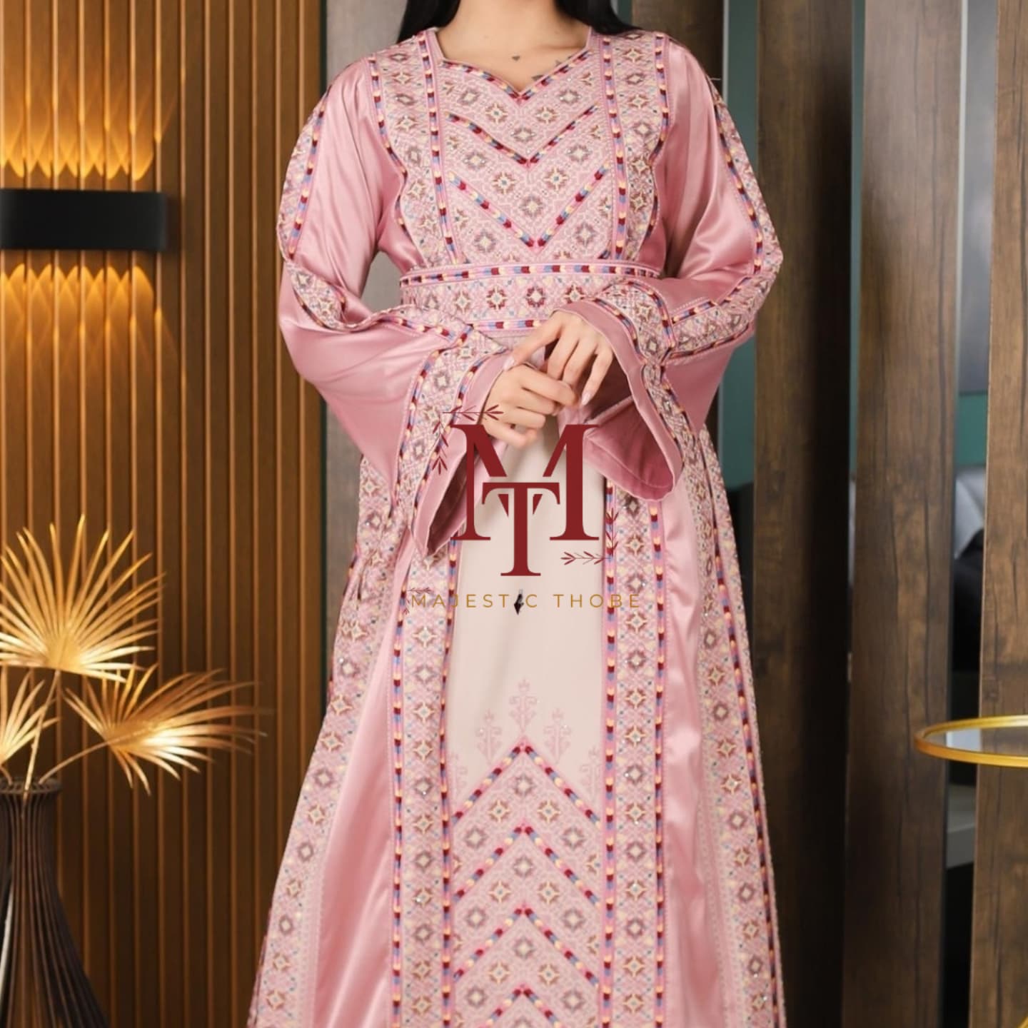 Nabuls Thobe - Pink and Beige Traditional Full tatreez back and front Thobe