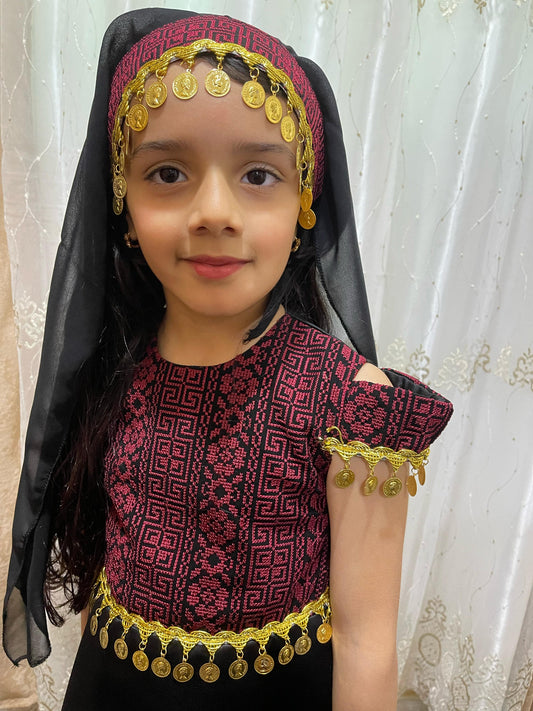 Kids Black & Pink Sleeveless Full Embroidered Palestinian Thobe with head Veil