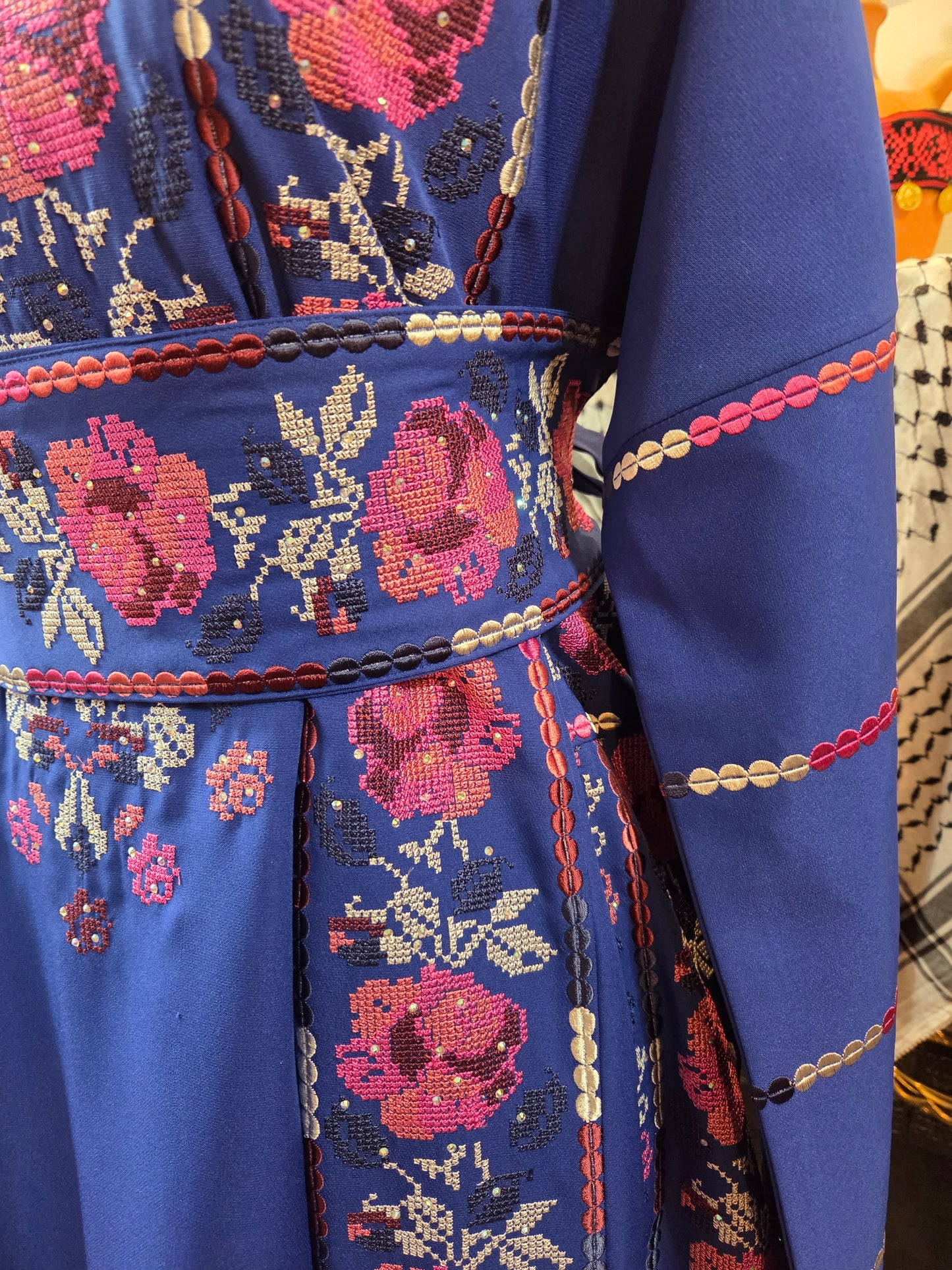 Warda Thobe - Full Blue Traditional Full Tatreez Back and Front With Satin Thobe