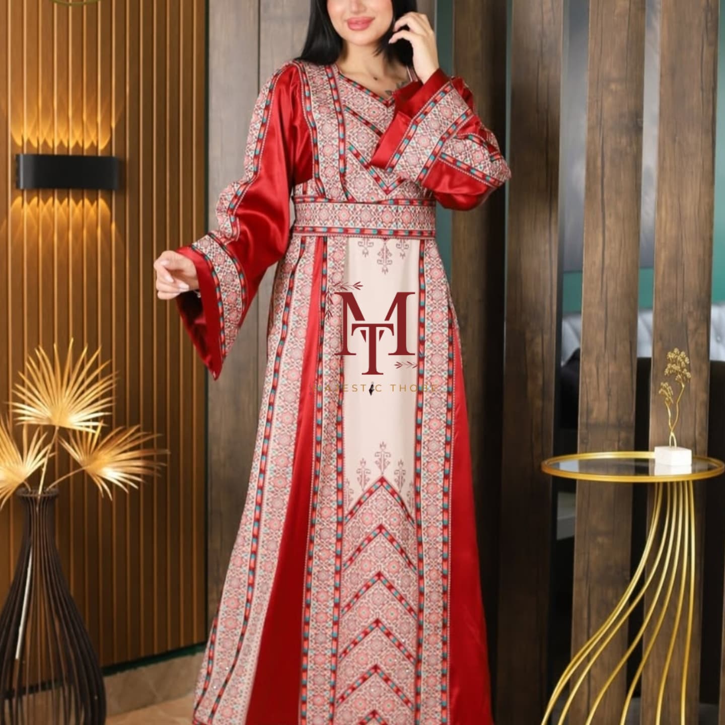 Nabuls Thobe - Burgundy and Beige Traditional Full tatreez back and front Thobe (No veil)