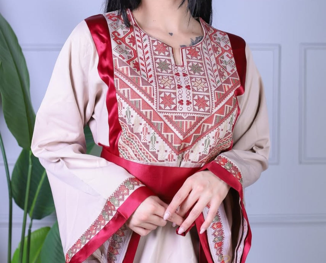 Dalal Thobe Traditional Long Sleeve Embroidered With Satin Palestinian Thobe/Dress