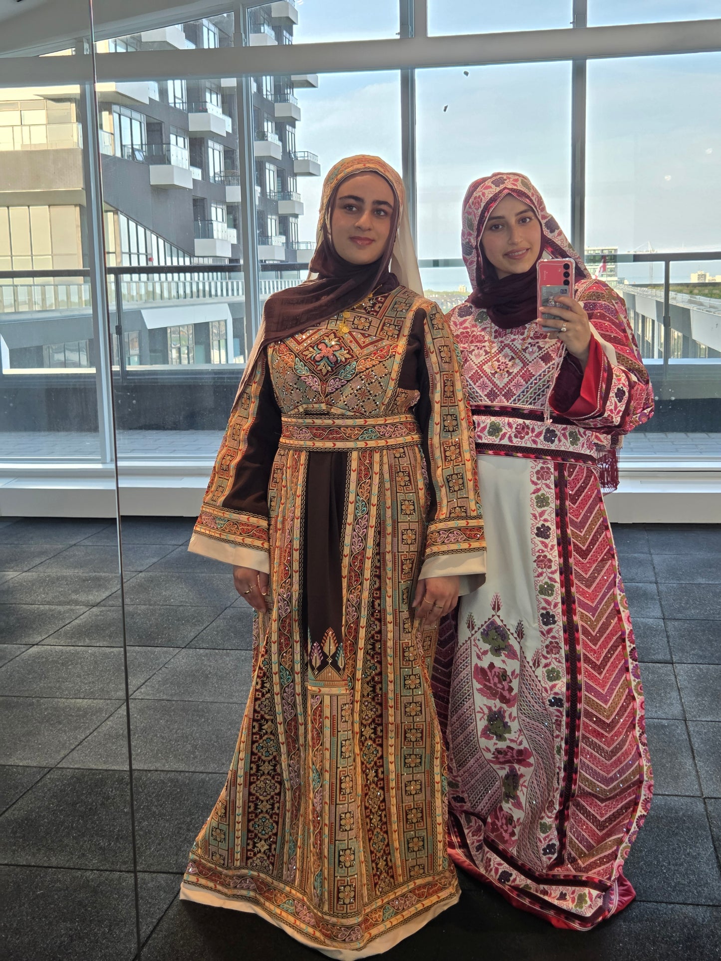 Shaima Thobe Brown Traditional Full Tatreez Back and Front Thobe With Matching head Veil