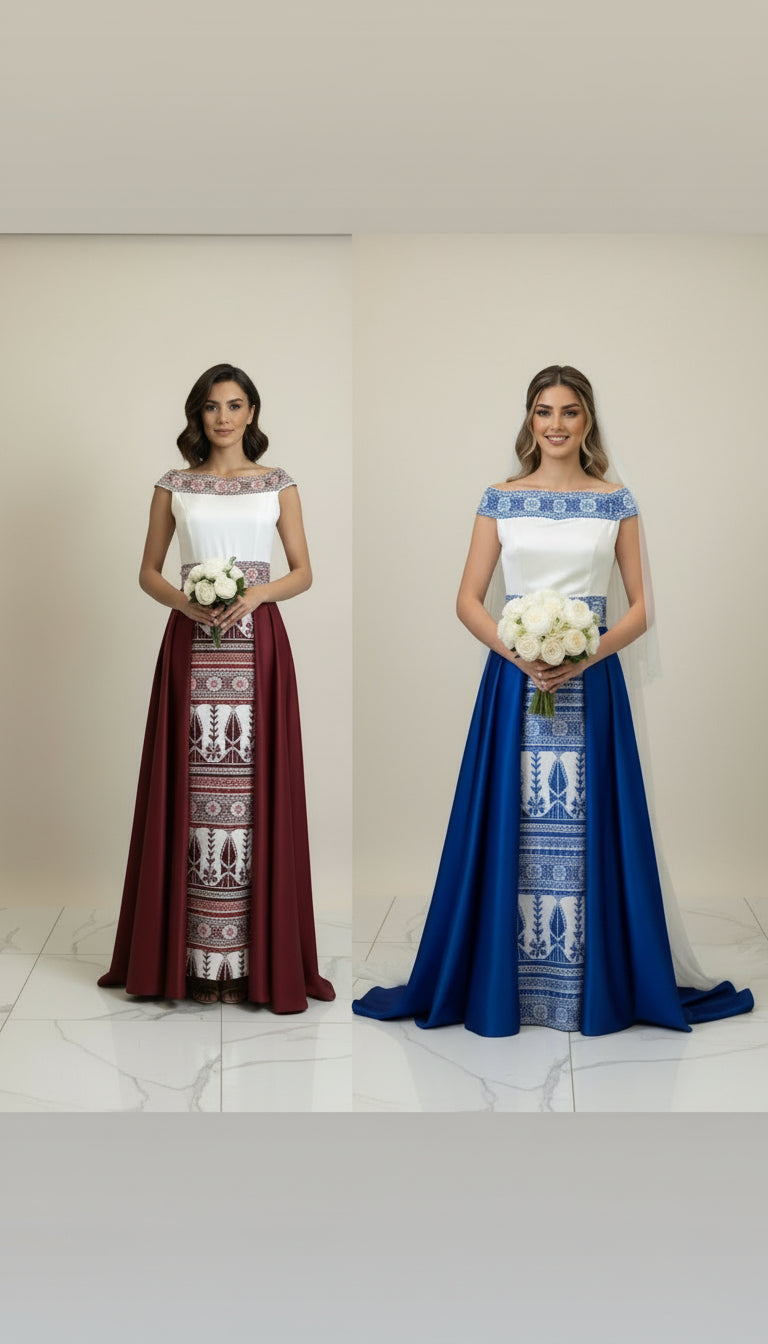 'Yaffa Thobe - Burgundy and White Bridal sleeveless Off Shoulder Long Train Thobe Dress (Embroidered Tatreez Palestinian Jordanian Thobe)