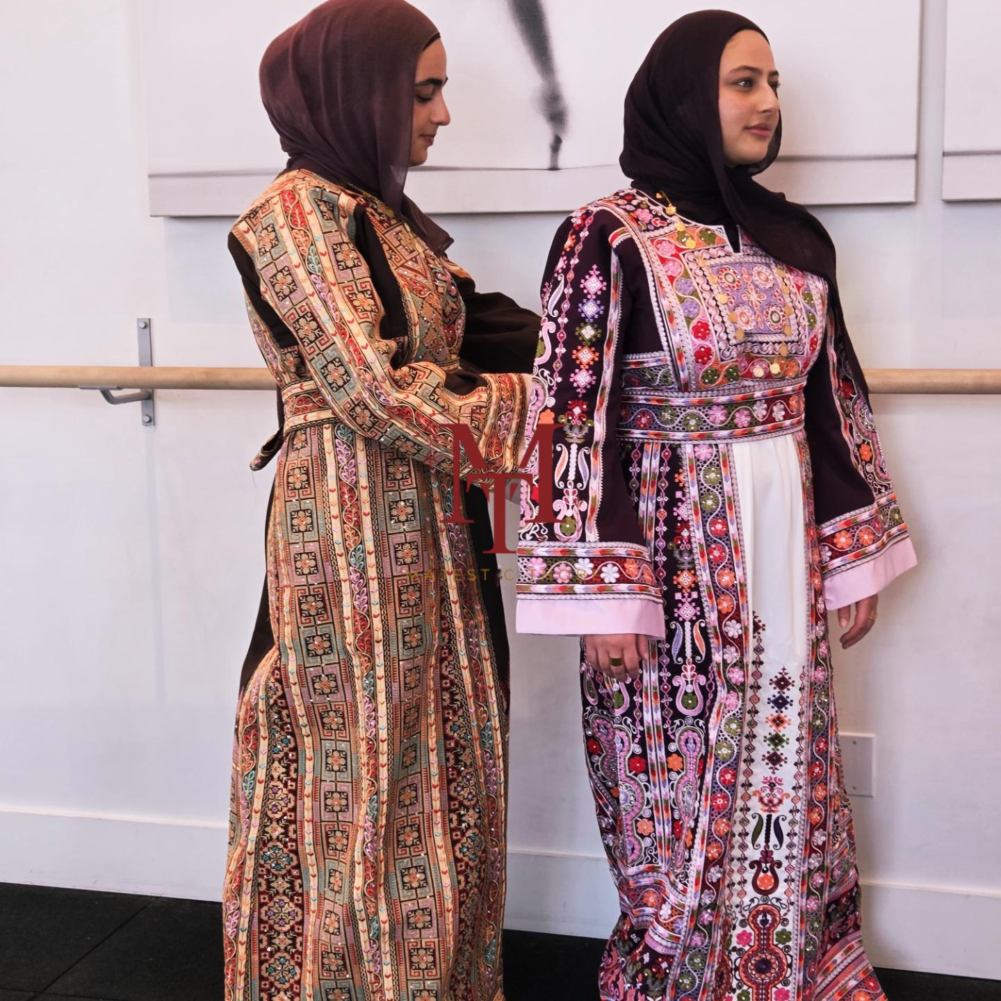 The Shaima Thobe - Brown & Beige Traditional Full Tatreez Back and Front Thobe With Matching head Veil