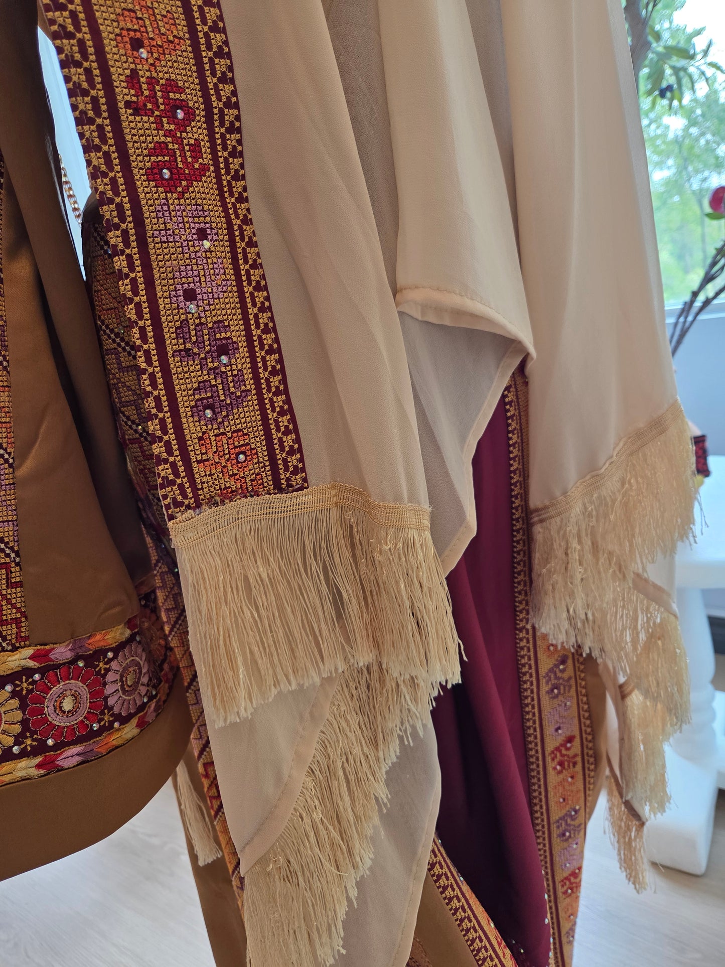 Naya Thobe - Burgundy and Gold Embroidered Tatreez Thobe with Matching Head Veil (Palestinian Thobe/ Dress)