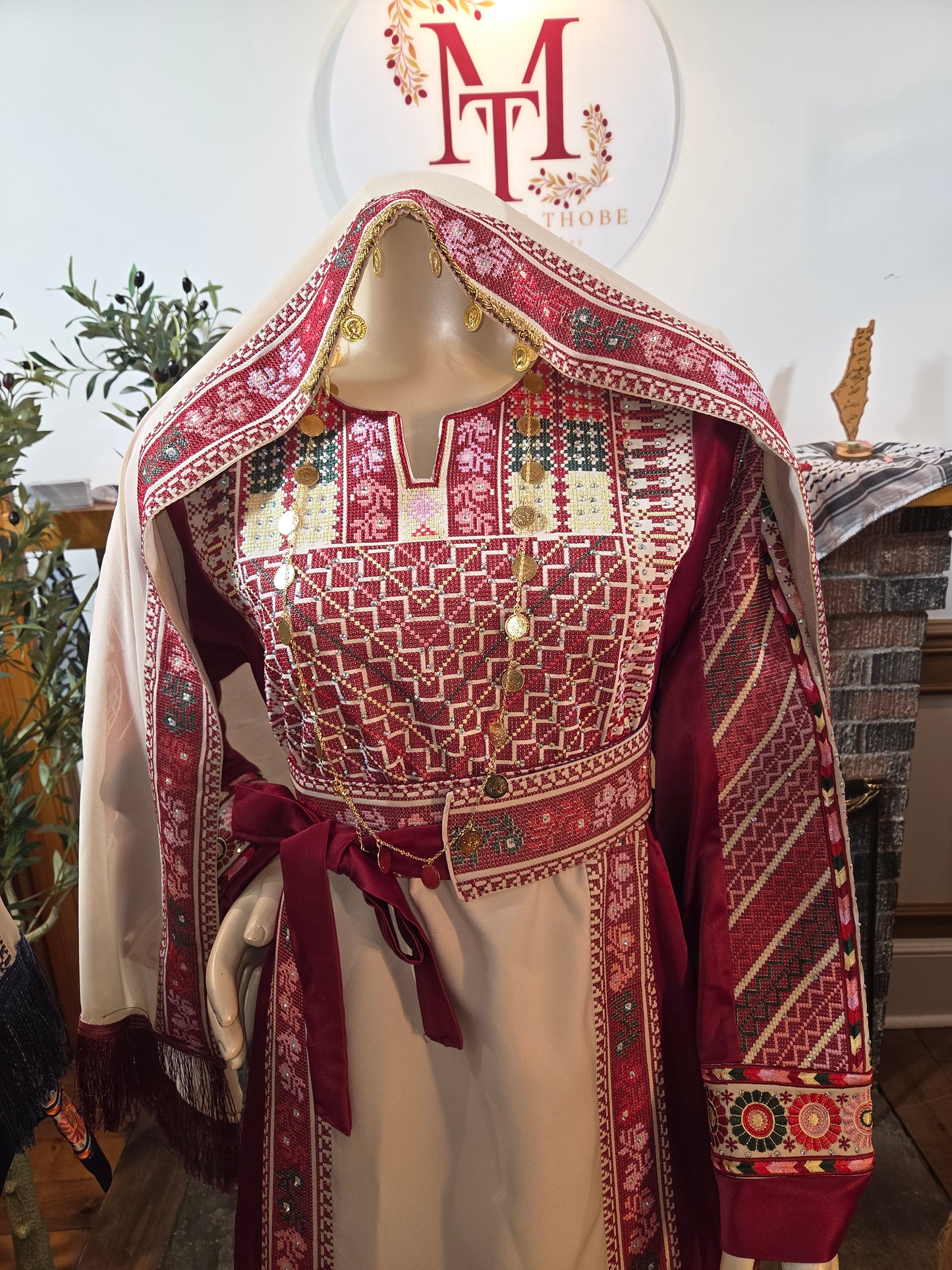 Naya Thobe - Red and White Embroidered Tatreez Thobe with Matching Head Veil (Palestinian Thobe/ Dress))