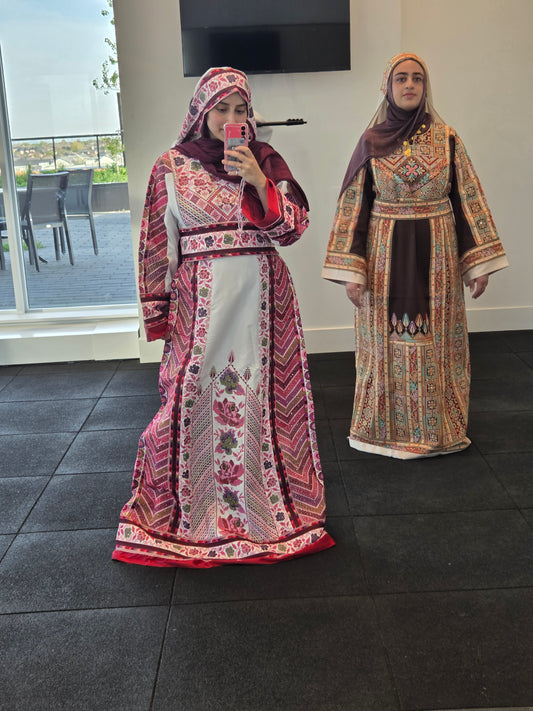 Flora Thobe Floral Traditional Full Tatreez back and front Thobe With Matching head Veil