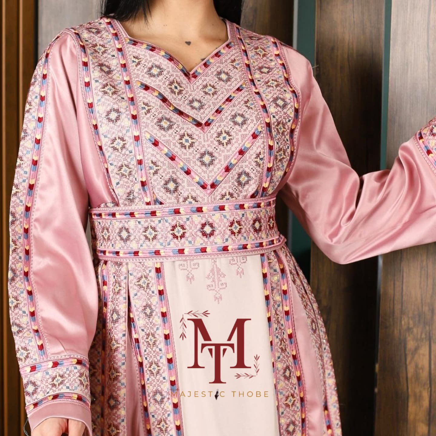 Nabuls Thobe - Pink and Beige Traditional Full tatreez back and front Thobe