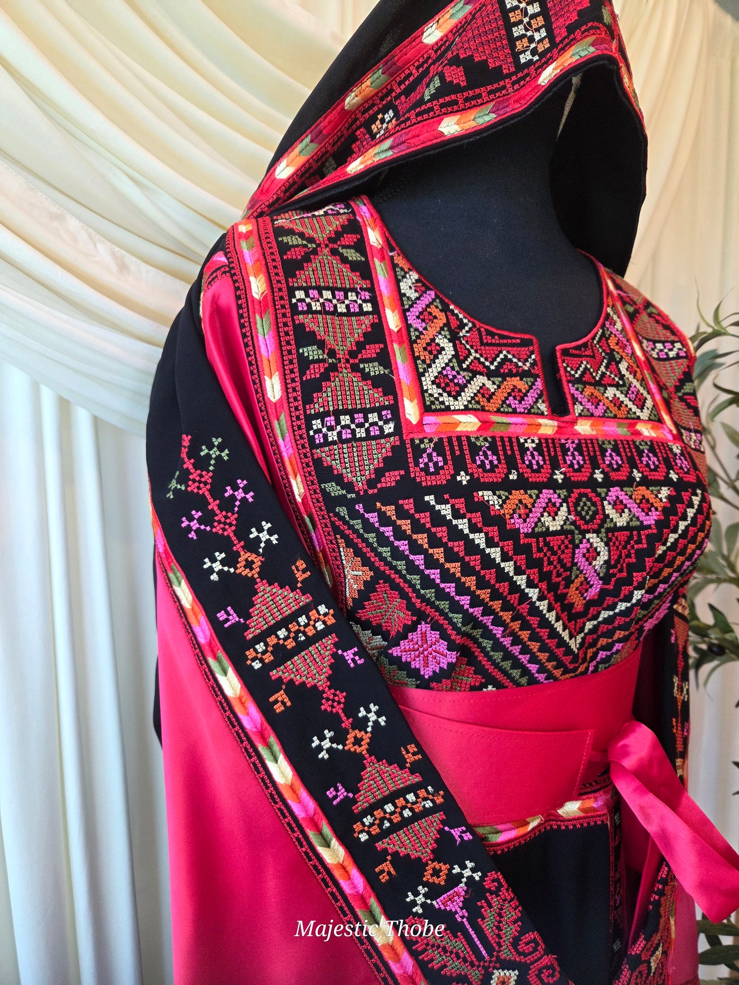 The Ella Thobe - Black & Red Diamond Traditional Full Tatreez Back and Front Thobe With Matching Head Veil