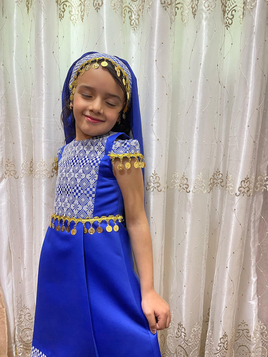 Kids Blue Long Sleeveless Full Embroidered Palestinian Thobe With Head Veil
