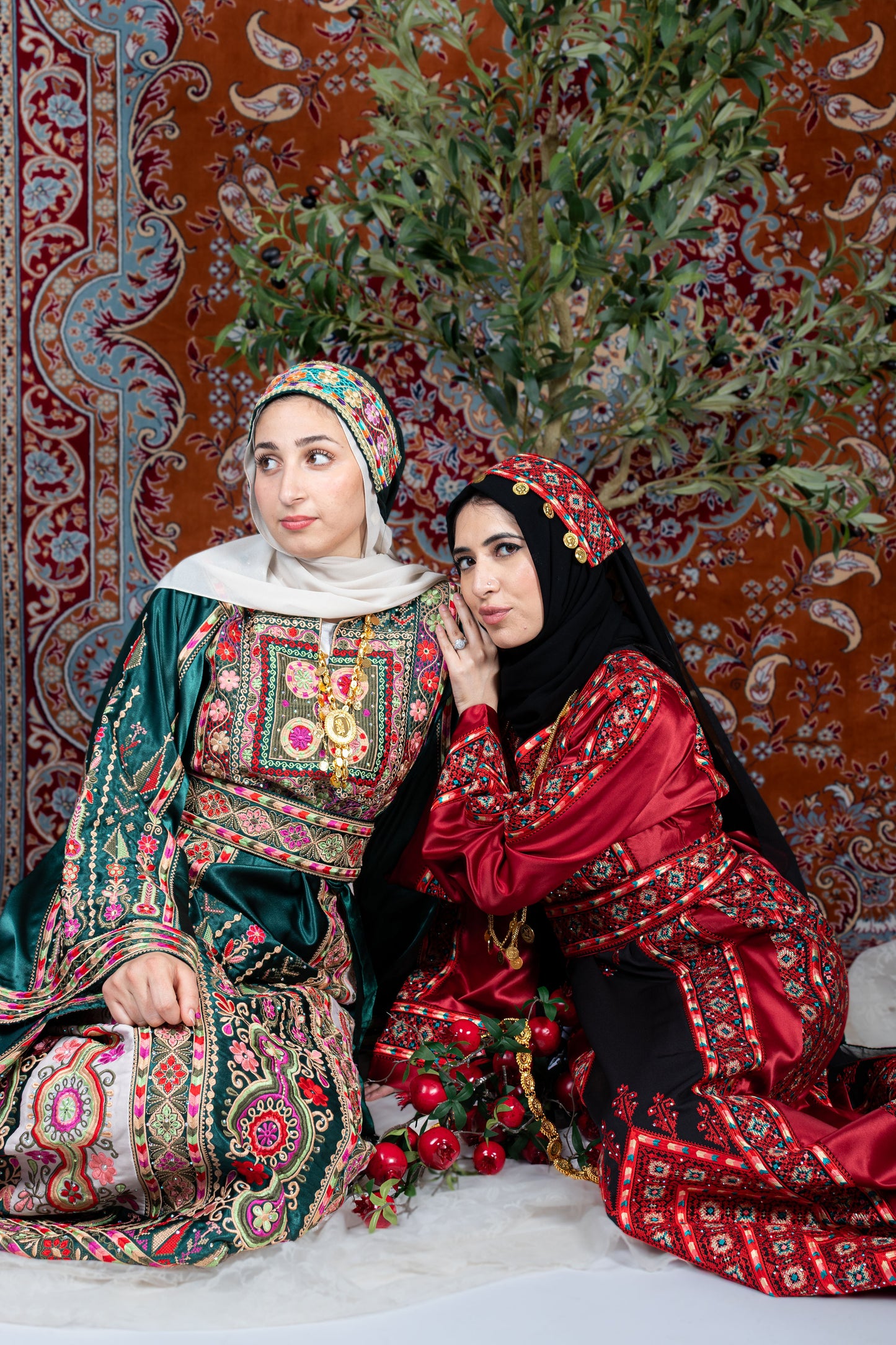 The Celine Thobe - Palestinian Embroidered White & Burgendy Thobe with Matching Head Veil, Belt & Extra Long Sleeves | Traditional Tatreez Dress