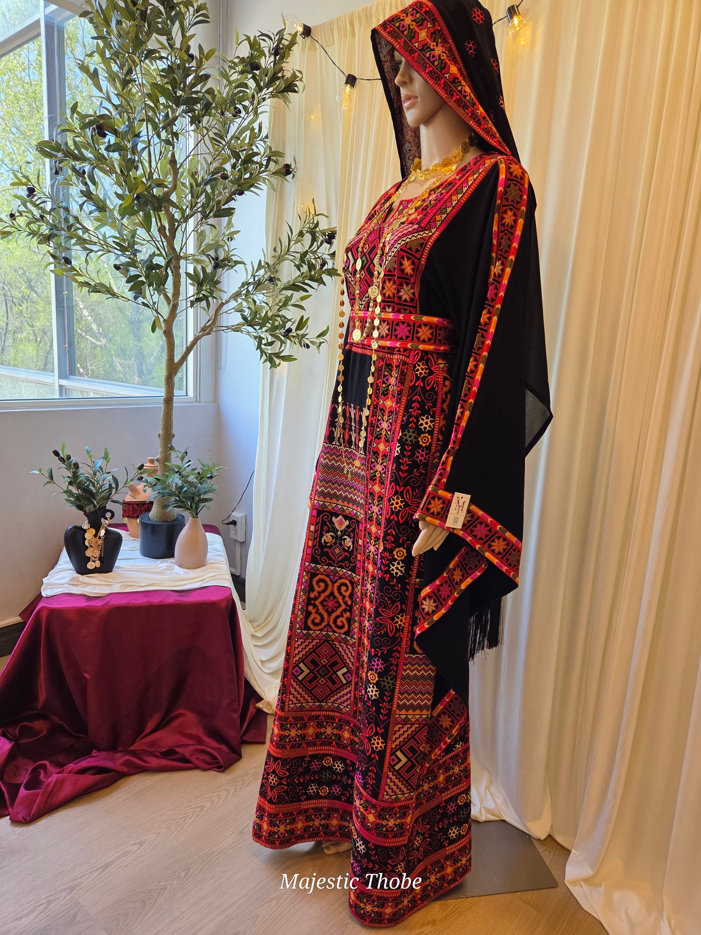 The Carmen Thobe - Palestinian Embroidered Black & Red Thobe with Matching Head Veil, Belt & Extra Long Sleeves | Traditional Tatreez Dress