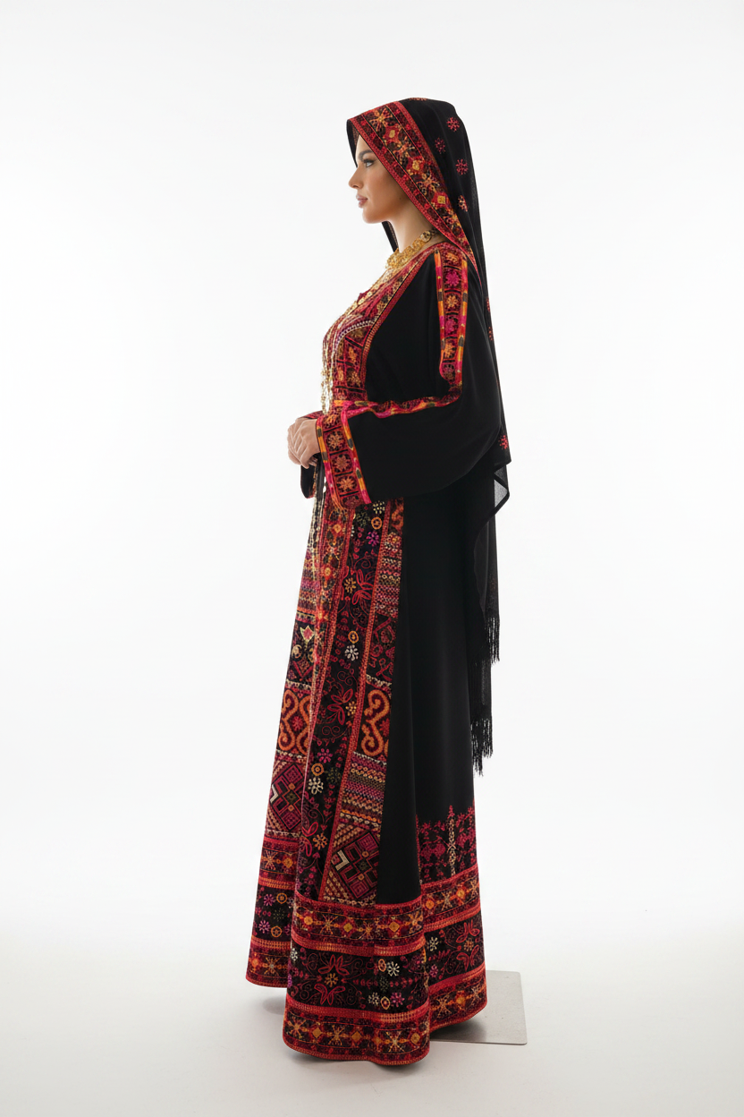 The Carmen Thobe - Palestinian Embroidered Black & Red Thobe with Matching Head Veil, Belt & Extra Long Sleeves | Traditional Tatreez Dress