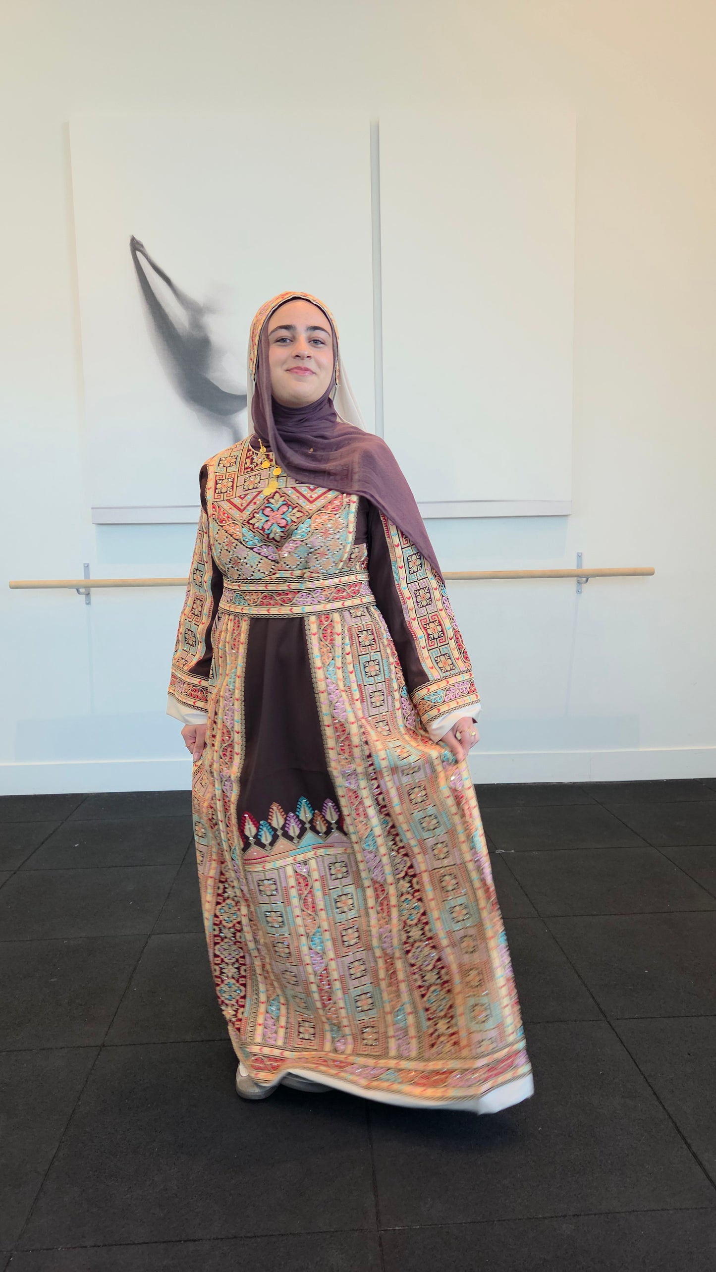 Shaima Thobe Brown Traditional Full Tatreez Back and Front Thobe With Matching head Veil