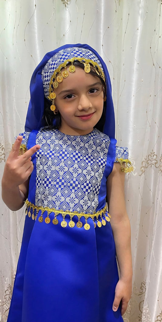 Kids Blue Long Sleeveless Full Embroidered Palestinian Thobe With Head Veil
