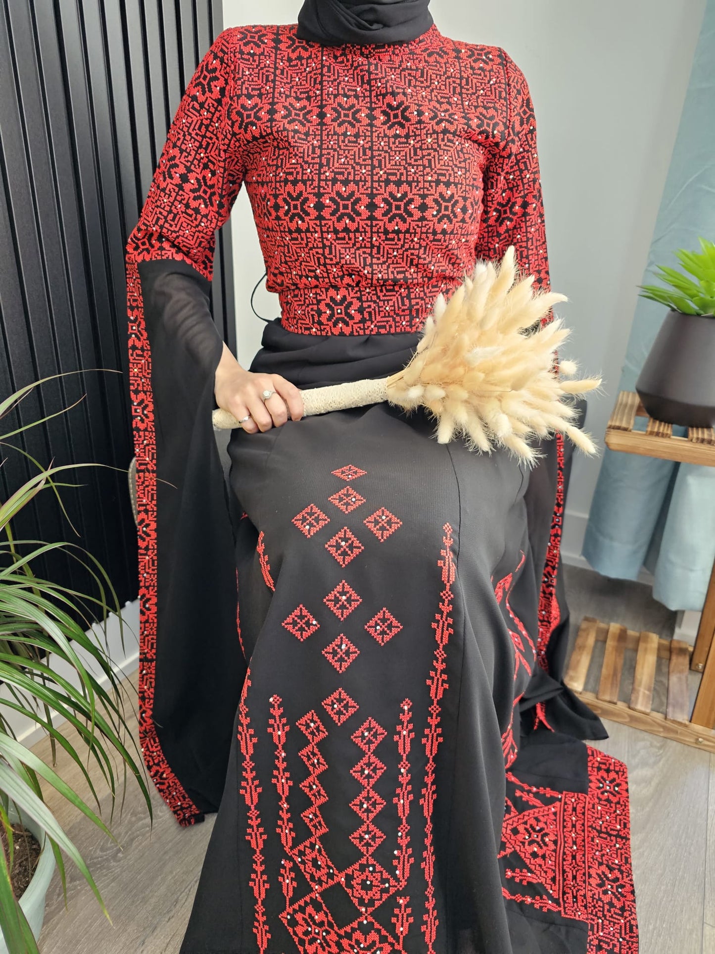 Red & Black Full Embroidery Palestinian Thobe with Extra Long Sleeves - Al Ramallah