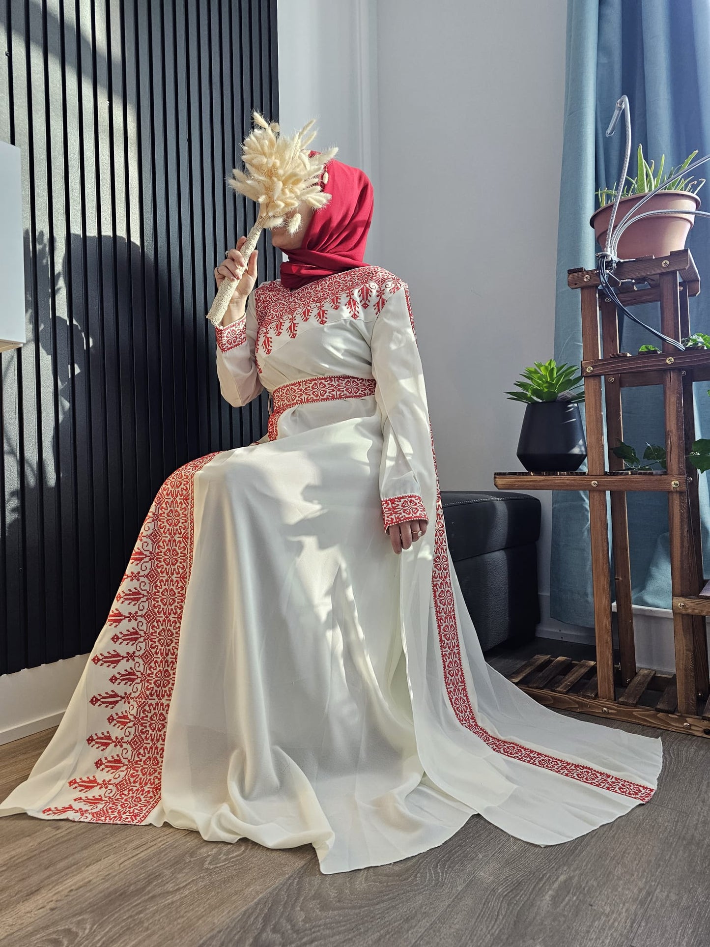 White & Red Tatreez One Shoulder Embroidery Palestinian Thobe - Al Jerusalem ( No Veil )